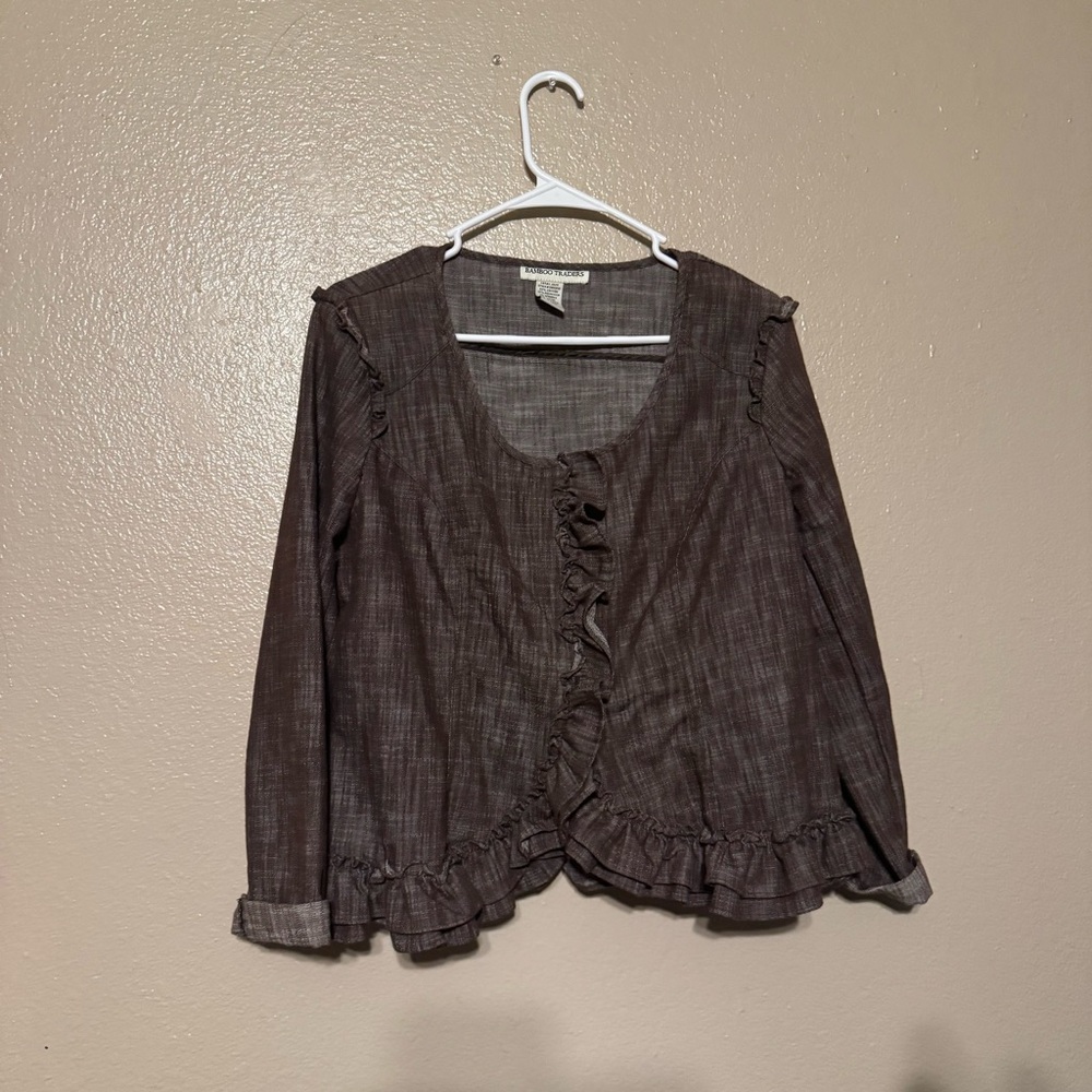 Bamboo Traders Brown Ruffled Cuffed Sleeve Blouse Women’s L